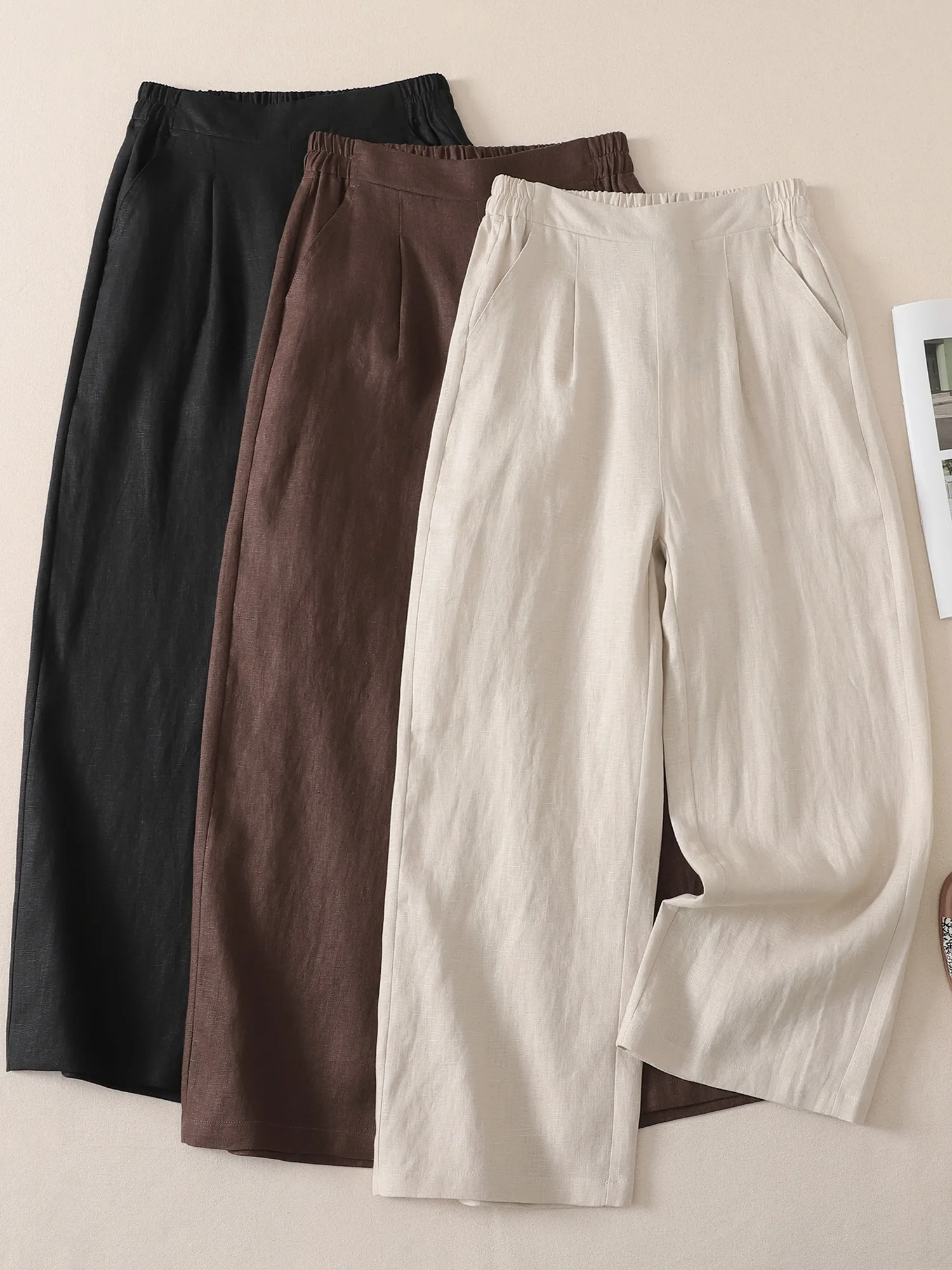 High-End Lyocell Linen Wide Leg Pants Women Summer Thin Mom Pants Large Size Loose Drapey Nine Points Cotton Linen Casual Pants
