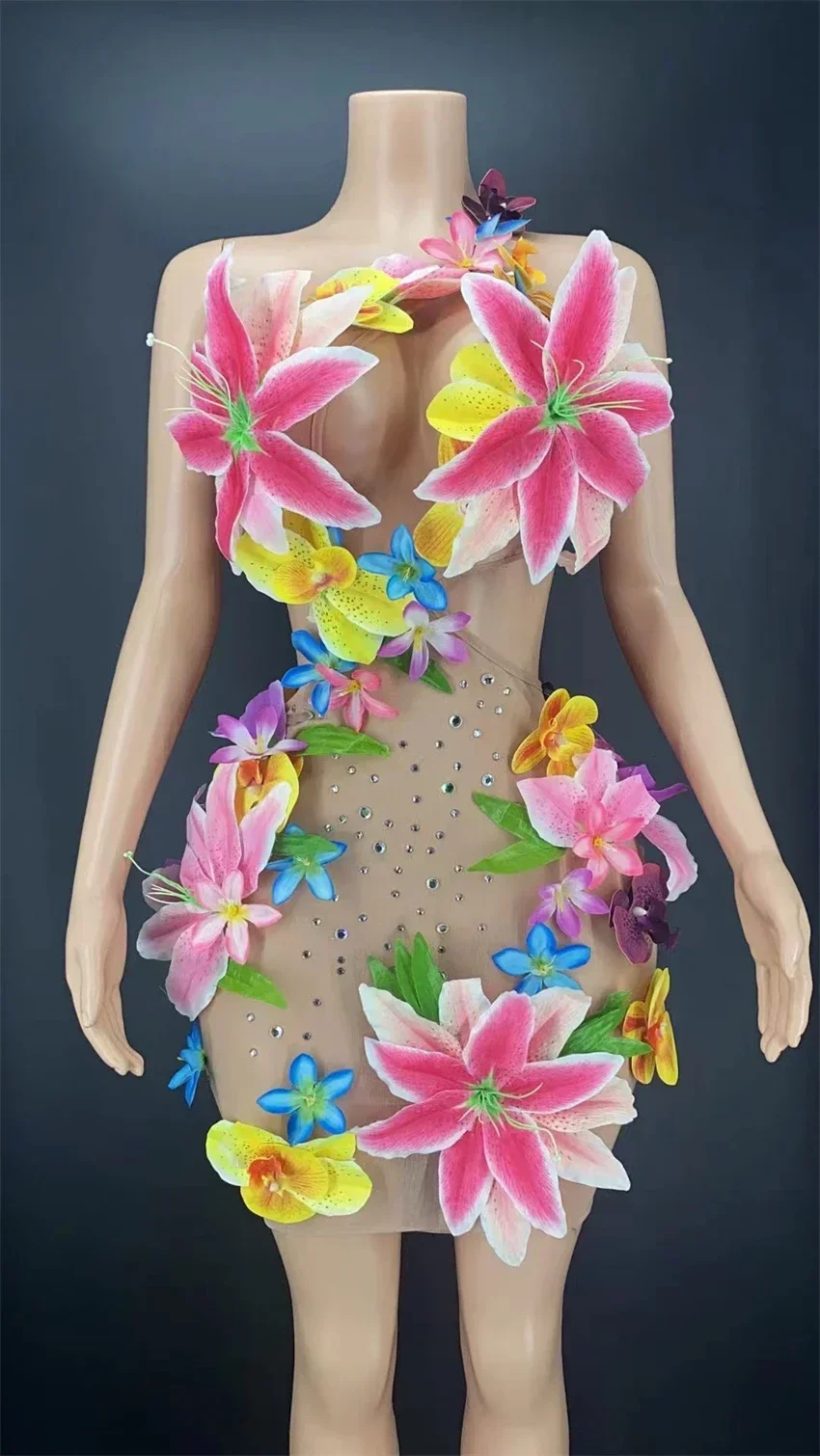 Vestido de malla Hawaii Hula de verano para mujer, Mini traje corto sin mangas y espalda descubierta, ropa de playa transparente con diseño de flores grandes