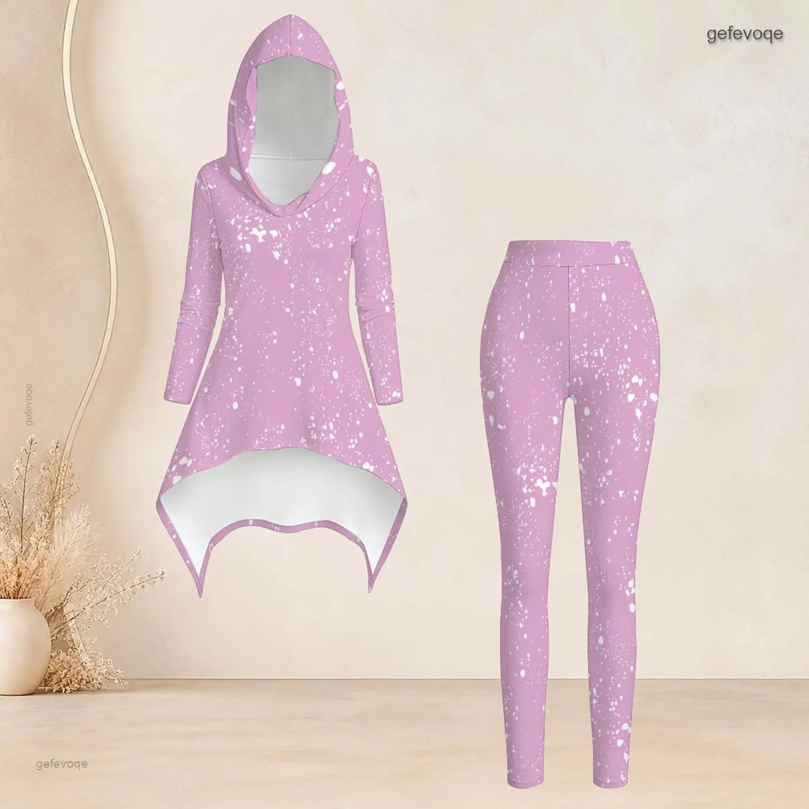 Women Pink White Speckle Printed Hooded Long Sleeve High Low Top and Fitted Leggings Two Piece Set