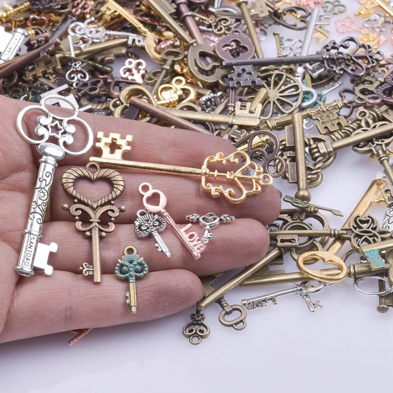 30/50/100PCS/Lot Random Mix Alloy Key Pendant Charms For Jewelry DIY Handmade Accessories Vintage Gold Silver Bronzer Color