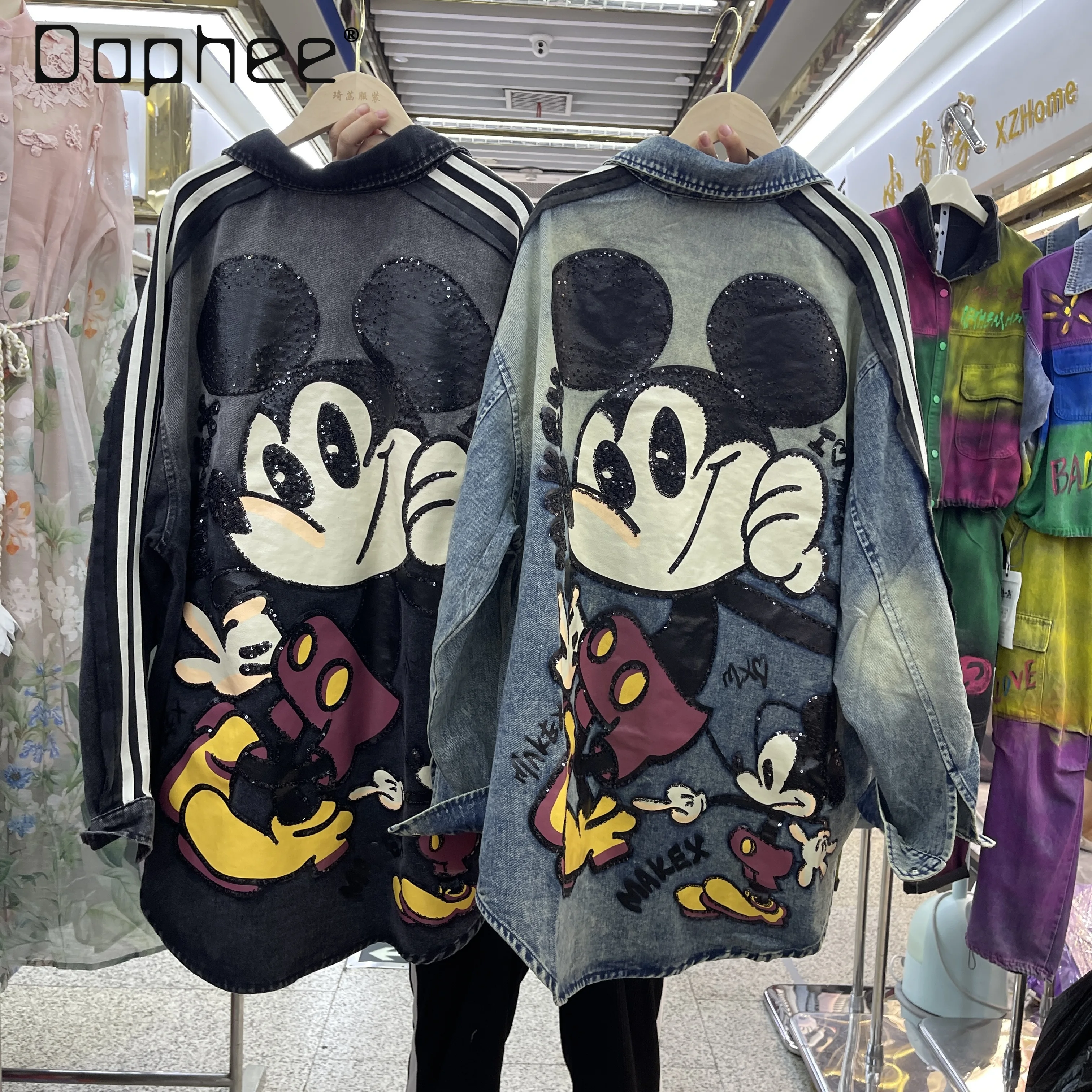 

European Fashion Brand Cartoon Print Denim Jacket Heavy Patchwork Sequins Fashion Long Sleeve Top Denim Jacket Women
