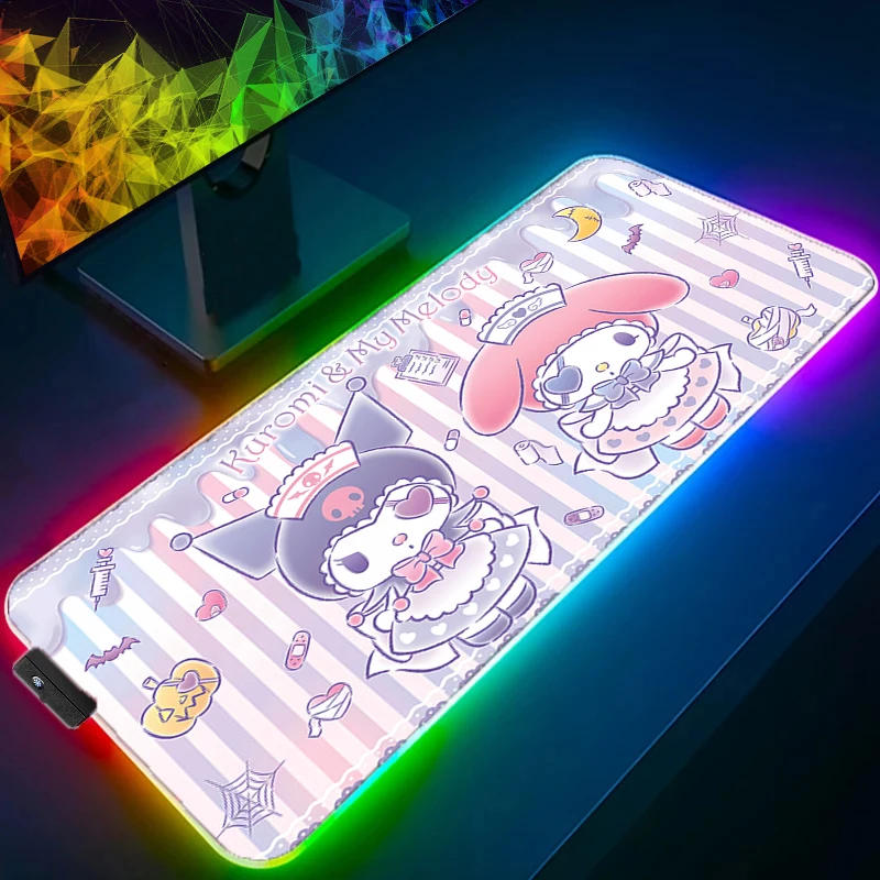 Imagem -04 - Kawaii Led Anime Mouse Pad Tapete de Teclado Portátil Rgb pc Sanrio Gamer Cabinet Estendido Tapete de Mesa Rosa Minha Melodia Kuromi Bonito