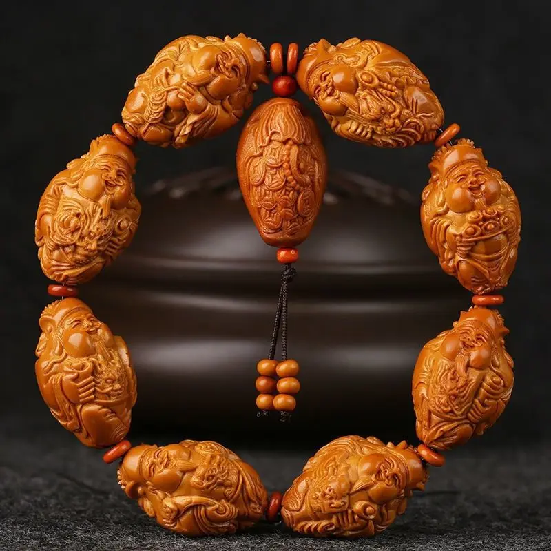 Iron Core Bracelet Maitreya Buddha God of Wealth Olive Nut Carved Eight Mammon Stone Carving Collection