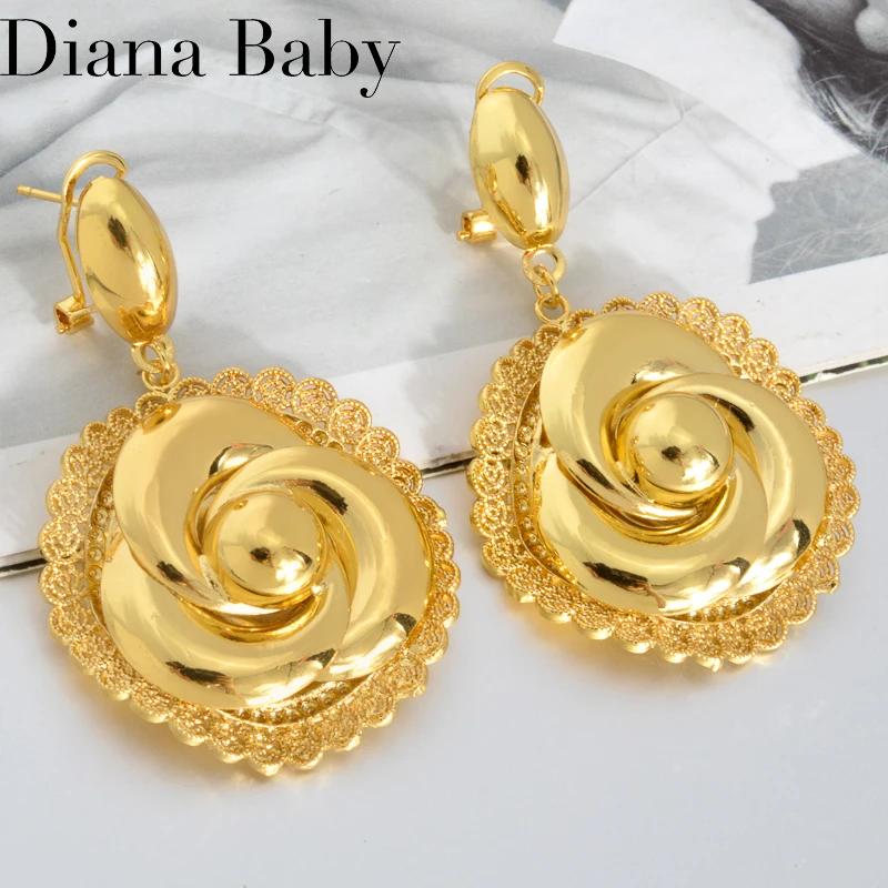 

Romantic Rose Big Drop Earring For Women Luxury Quality 18K Gold Plated Piercing Earring Dubai Wedding Jewelry Anniversary Gift