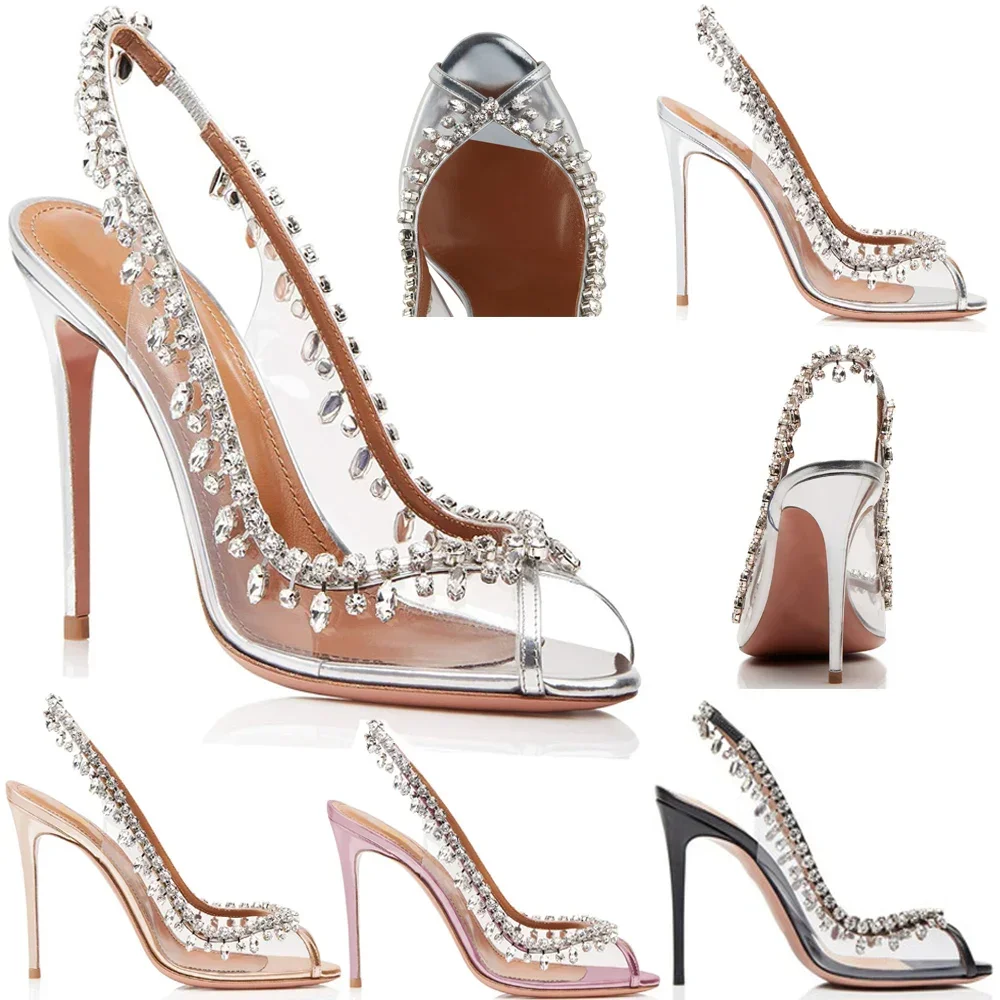 

【Measure your feet length before order】Crystal Luxry Designer Women Elegant Pumps High Heel Bridals Dress Slingback Shoes F-PU-1