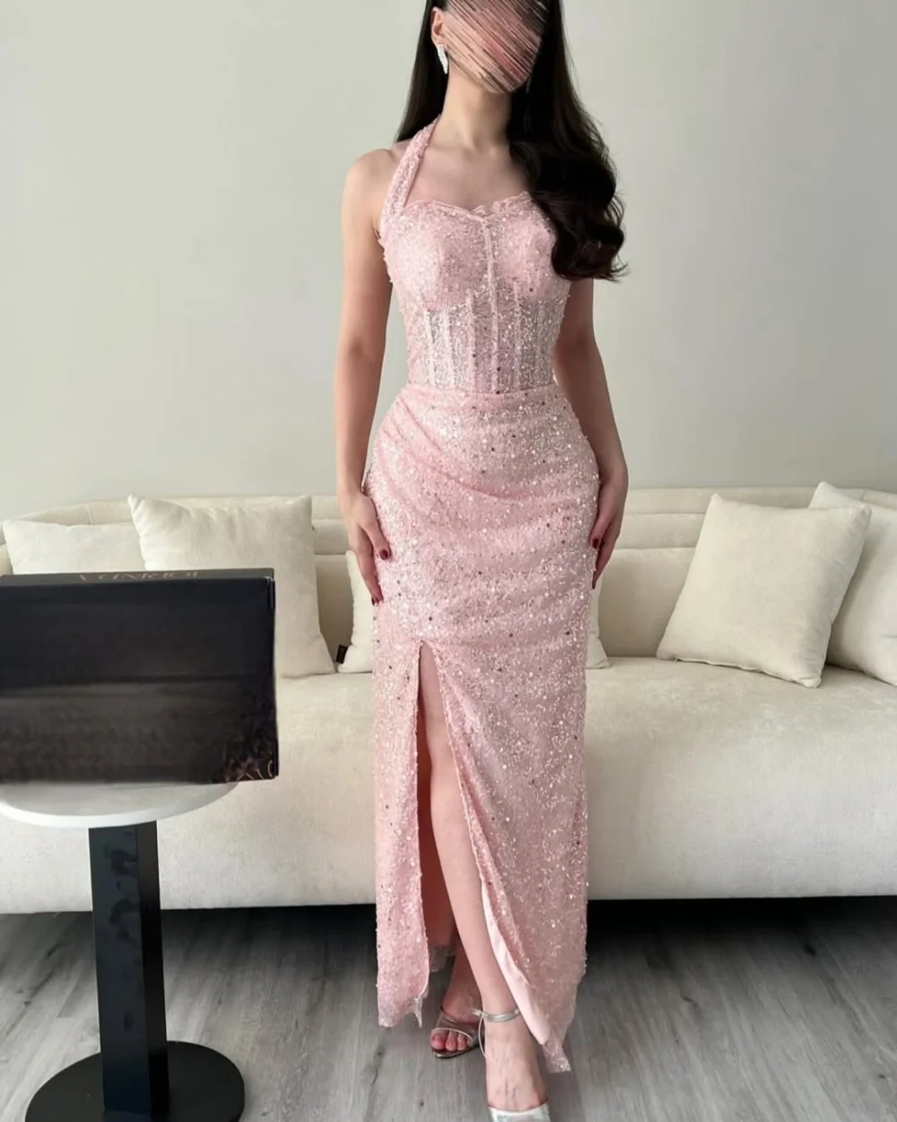 Customized Sparkle Women Sequined Beading Sheath Evening Dress Modern Style Classic Halter Sleeveless Slit Ankle Length Dresses