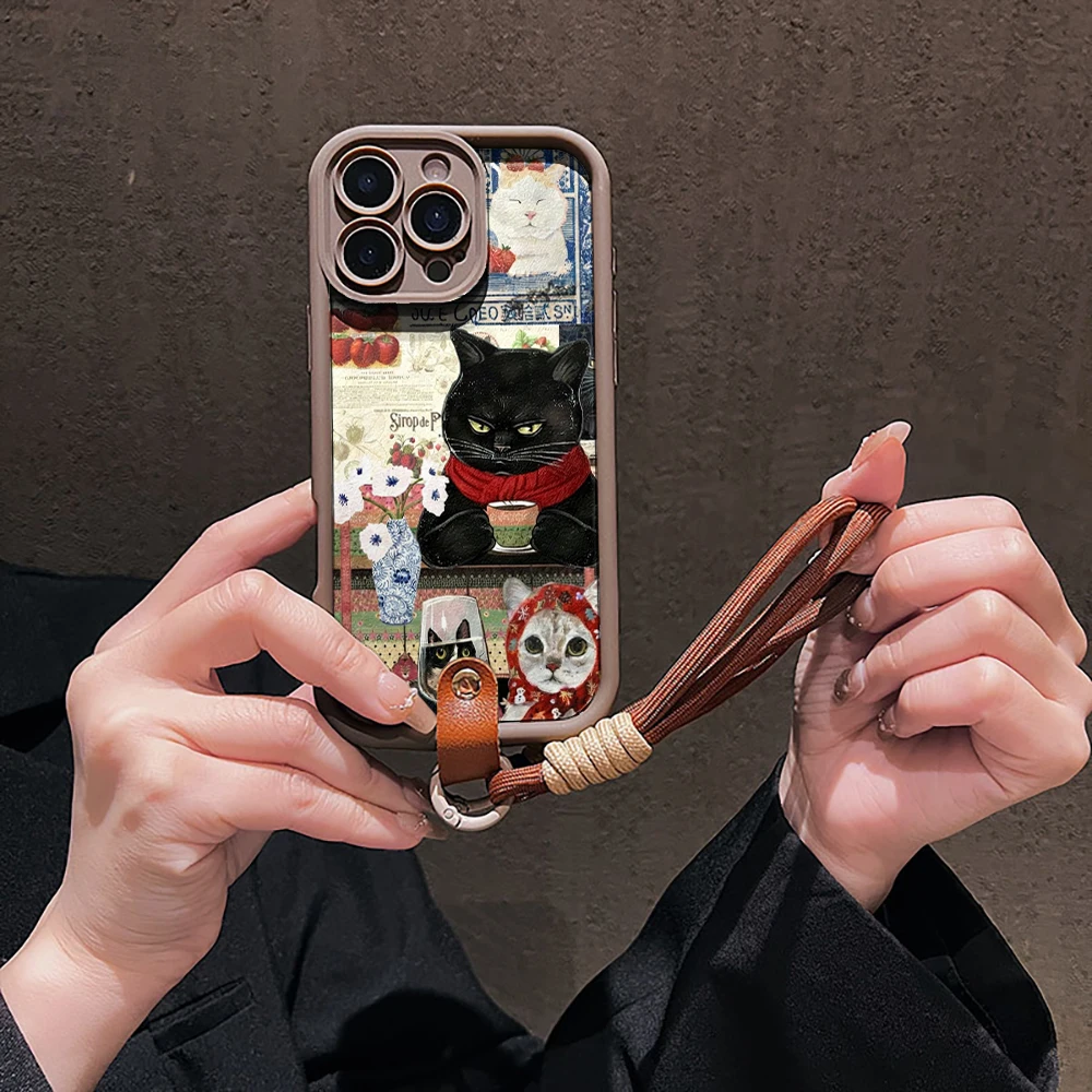 Modische Katzen-Collage-Silikon-Handyhülle für iPhone 16 17 Pro 15 14 13 12 11 Pro Max 16E 7 8 Plus XR XS mit Lanyard-Hülle – Detail 4
