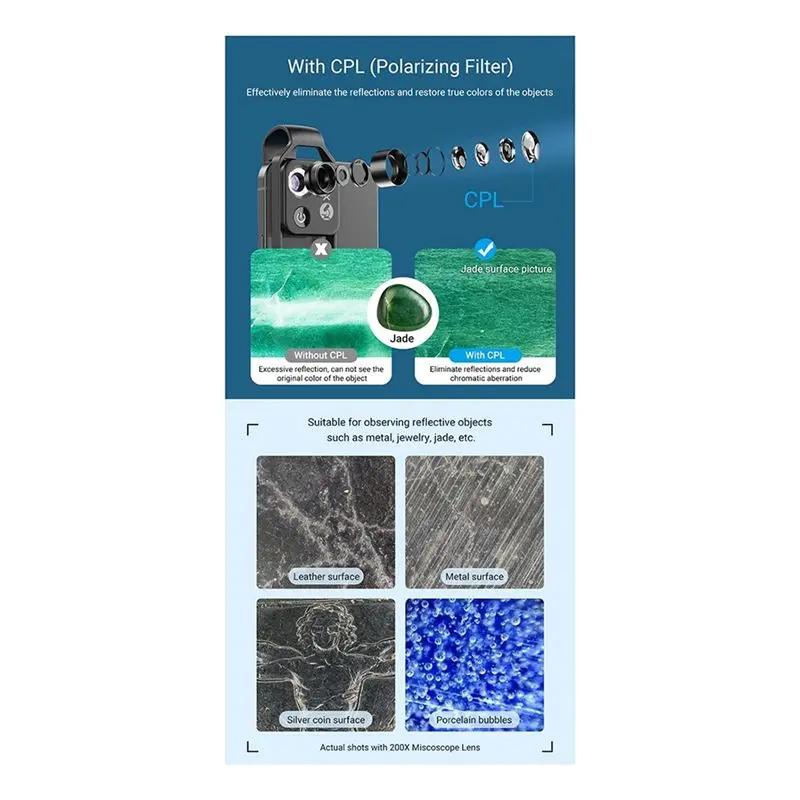 B62B 200X Microscope Lens with CPL for Phone LED Light for Macro Lens for iOS Android Smartphones White
