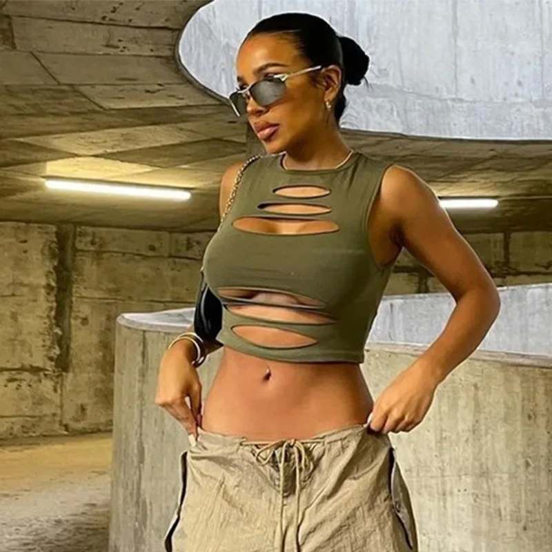 

Y2k Sexy Sleeveless Tank Top Women Solid Hollow Slim Cropped Top T-Shirt Fashion Tight Street Wear Party Tank Top Women