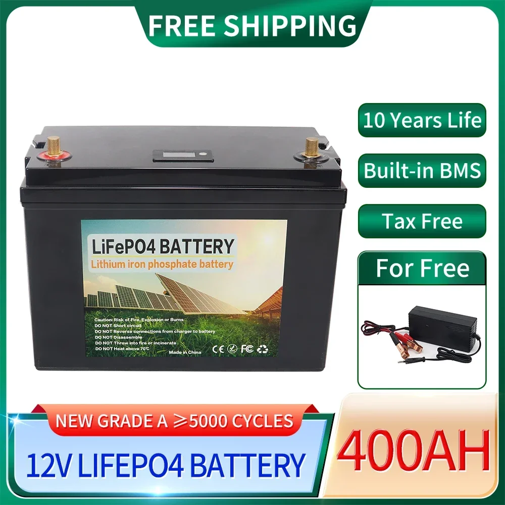 

12V 400AH LiFePO4 Lithium Iron Phosphate Battery Pack Built-in BMS 5000+ Deep Cycle For Outdoor Campers Golf Cart Solar Storage