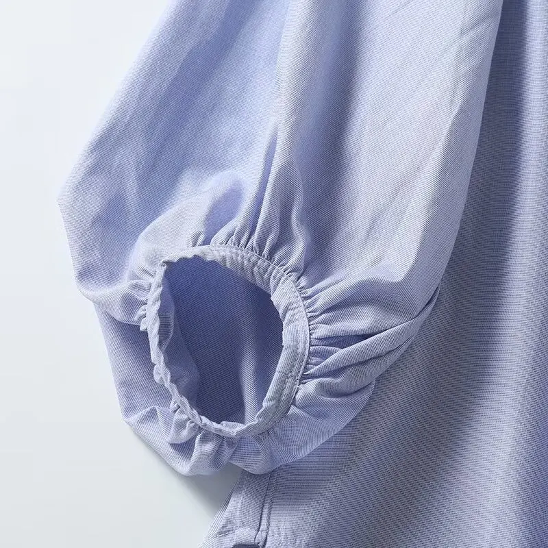 Maxdutti Nordic Minimalist Lake Blue Loose Fitting Tops Shirt Women Casual Long Sleeve Pleated Blouse Women