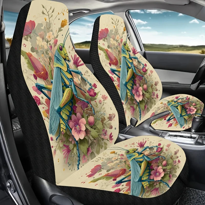 Two-Piece Colorful Patterned Grasshopper Floral Print Car Seat Covers That Are Easy To Clean, Featuring Stylish And Fun Designs
