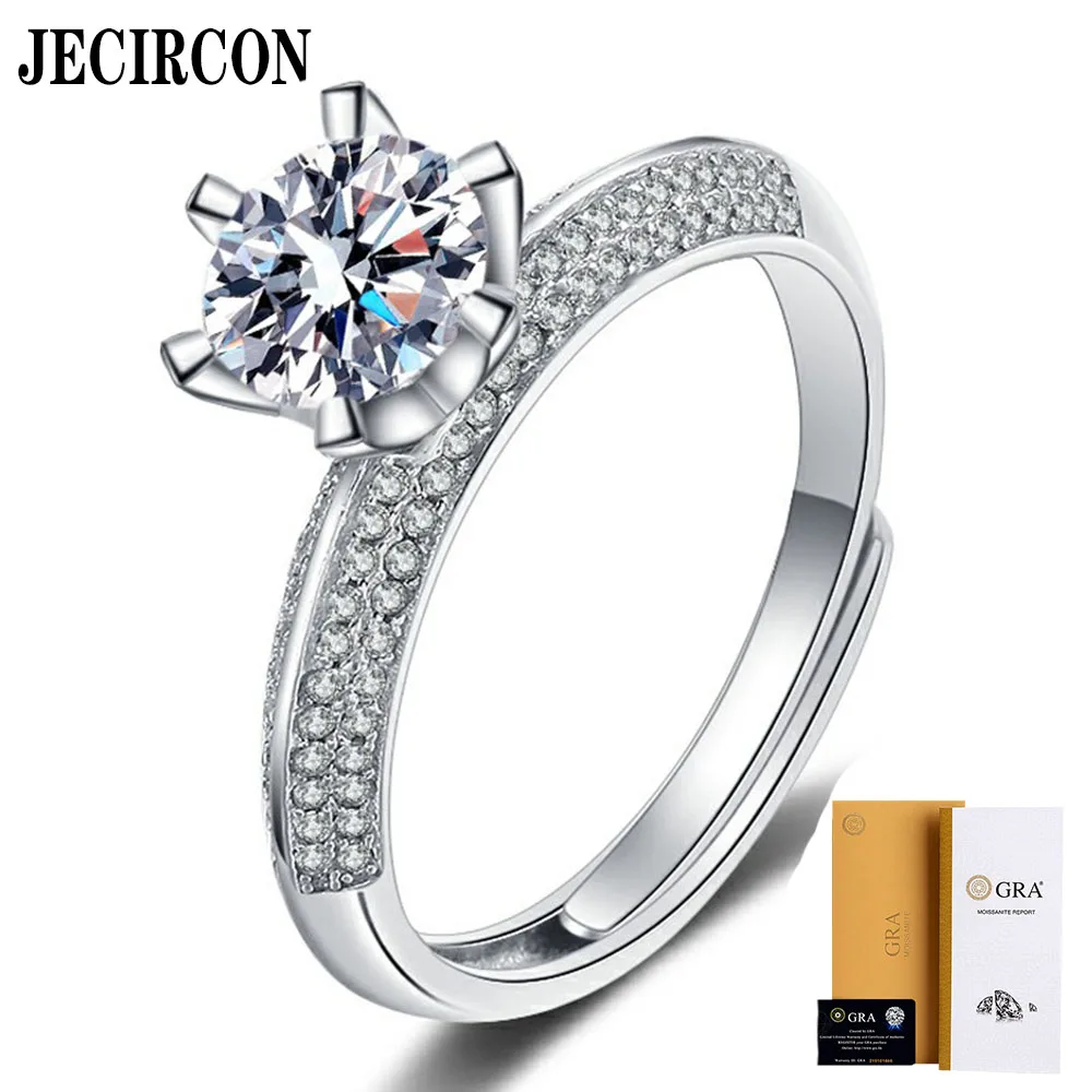 

JECIRCON D Color 1ct S925 Sterling Silver Moissanite Ring for Women Half Wall Fully Inlaid Opening Adjustable Diamond Jeweelry