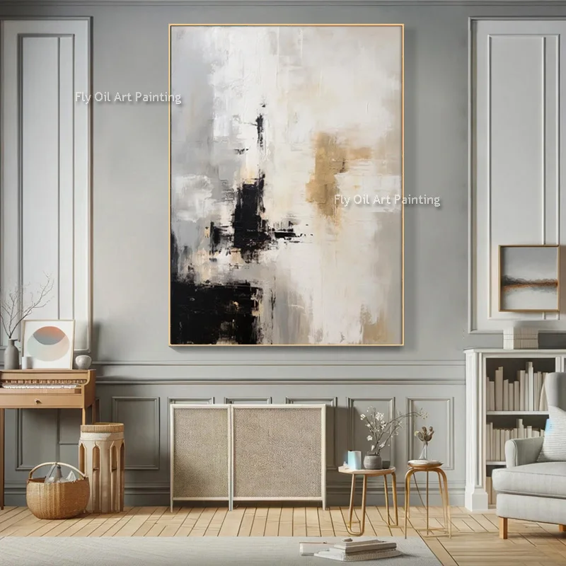 Black White Original Oil Painting Large Handpainted Simple Popular Design Black Beige Canvas Thick Wall Art For Home Hall Decor