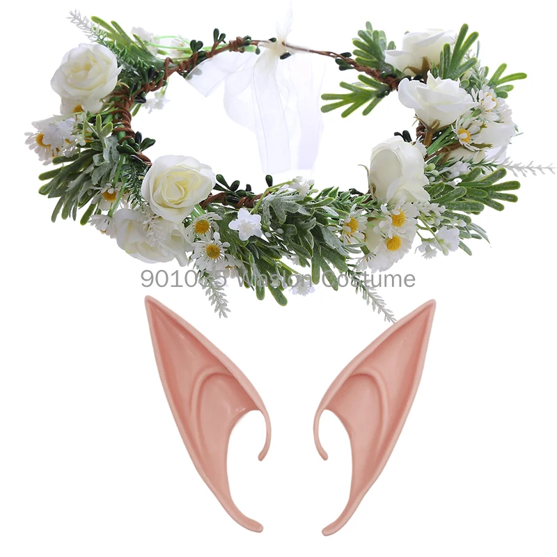 

Angel Flower Crowns with Elf Ears Romantic Chic Floral Garlands for Bride Wedding Boho Women Stimulated Flower Wreaths Girls
