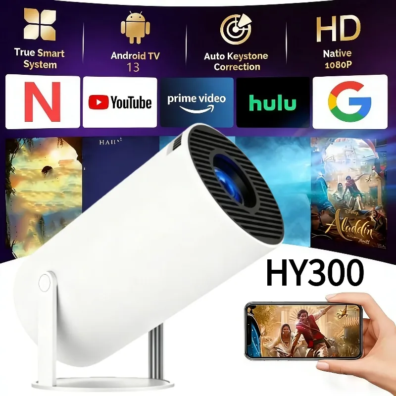 

2026 New HY300 Projector with WiFi6 & BT5.0, Portable Beamer 1080P/4K Support Auto Keystone Smart Android Proyector ﻿