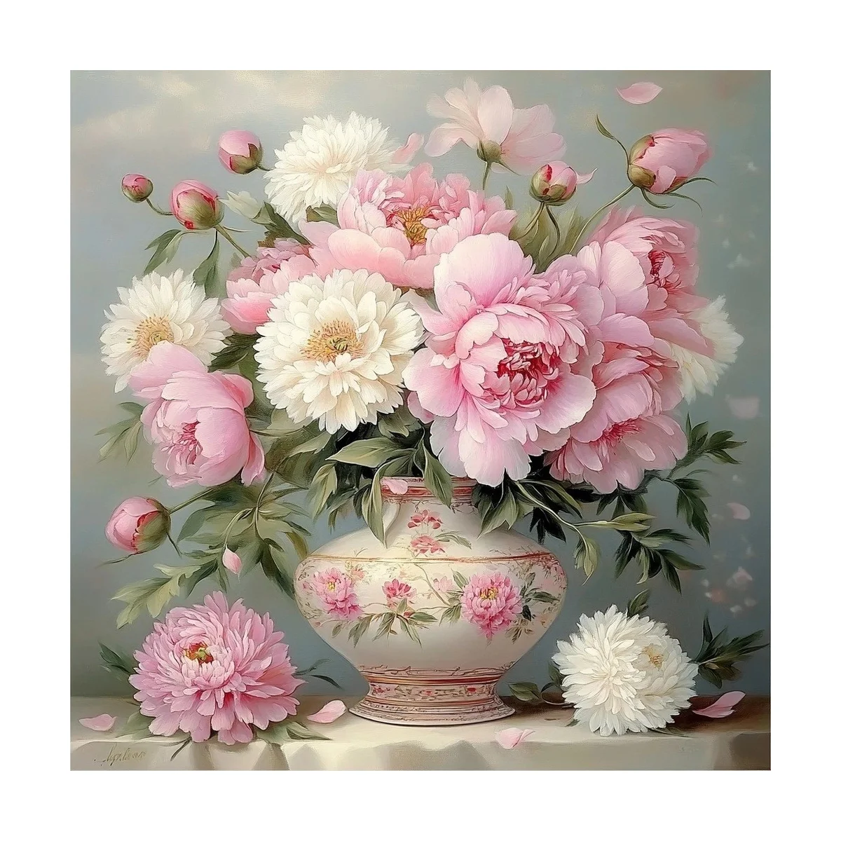 1 Stück 40x40 cm/15,74 Zoll, 11Ct/14Ct Kreuzstich-Set, DIY Valentinstagsgeschenk, Stickerei-Set für Festlichkeiten, Pfingstrosen in Porzellanvase – Detail 2