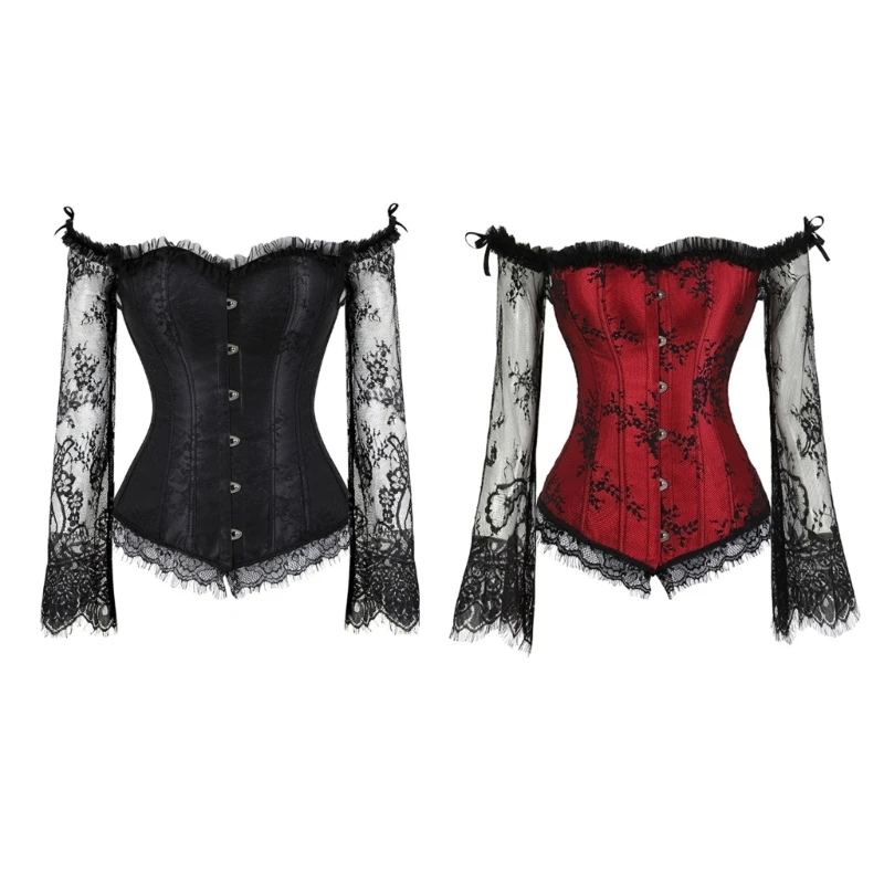 Elegant Corset Vest Bustier Women Lace Flower Sleeve Waist Trainer Cosplay Costume Vintage Lace Trim Camisole Cincher