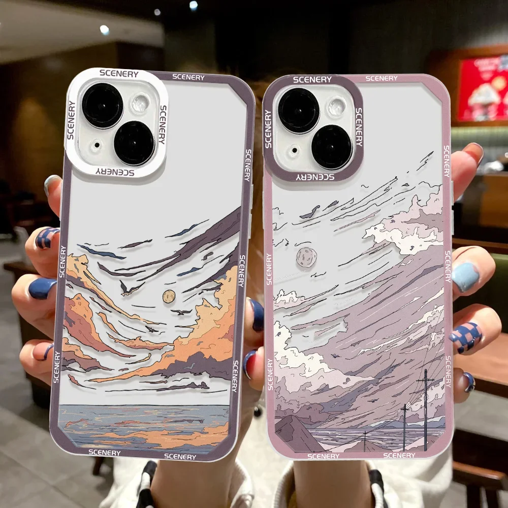 

Aesthetic Scenery Landscape Stamp Label Phone Case For iPhone 11 12 13 14 15 16 Pro Max Mini Plus XS X XR Cover Clear Funda Case