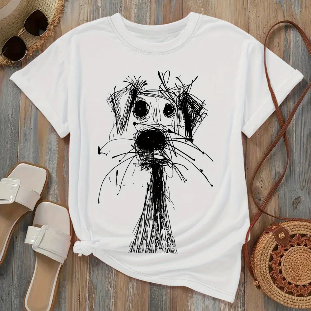 White T-shirt Cute Hand Drawn Dog Face Art Print Casual Streetwear Unisex Summer Top for Men Women Fashion Tee