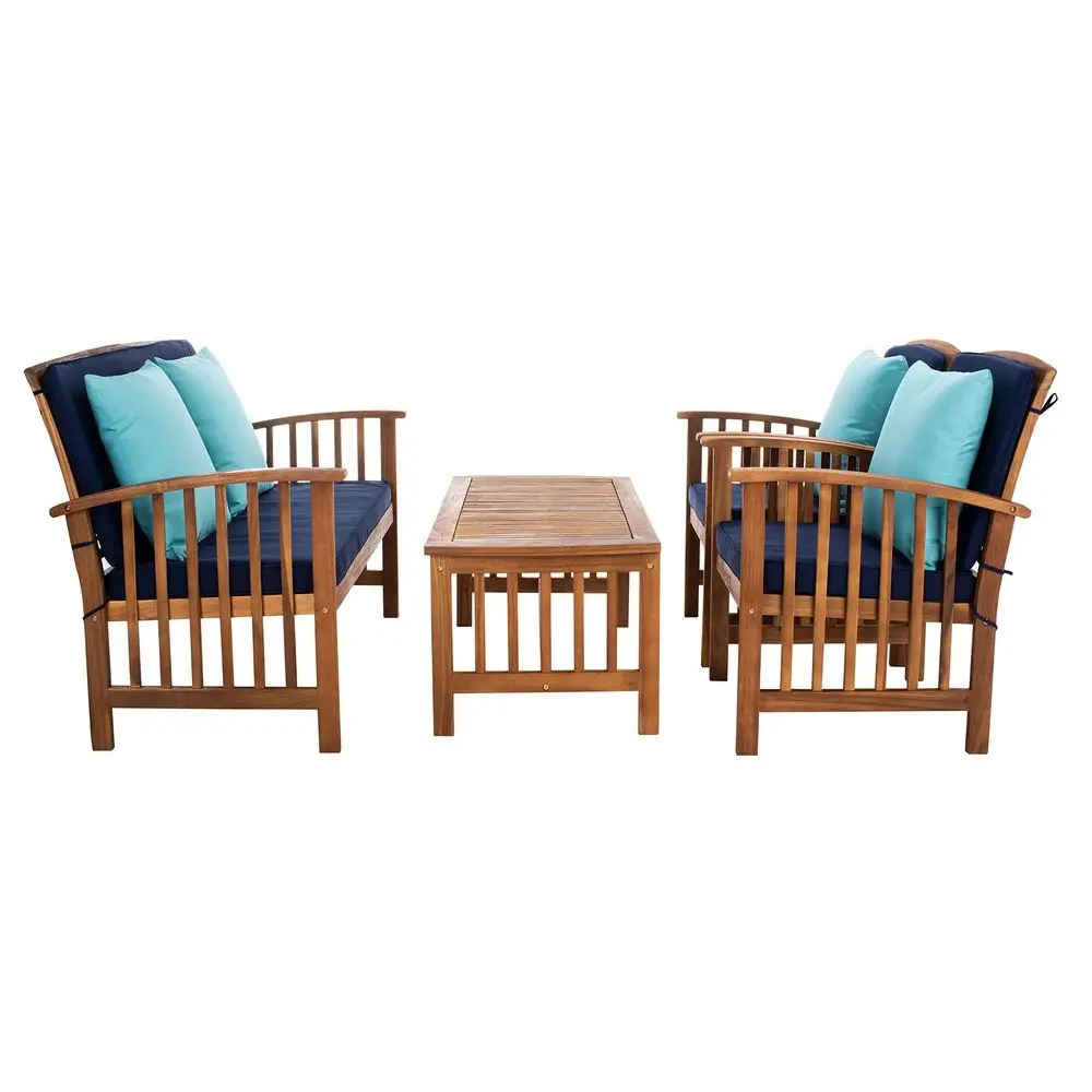 

Outdoor Collection Rocklin Natural Navy Cushions Light Blue Pillows 4Piece Conversation Patio Set