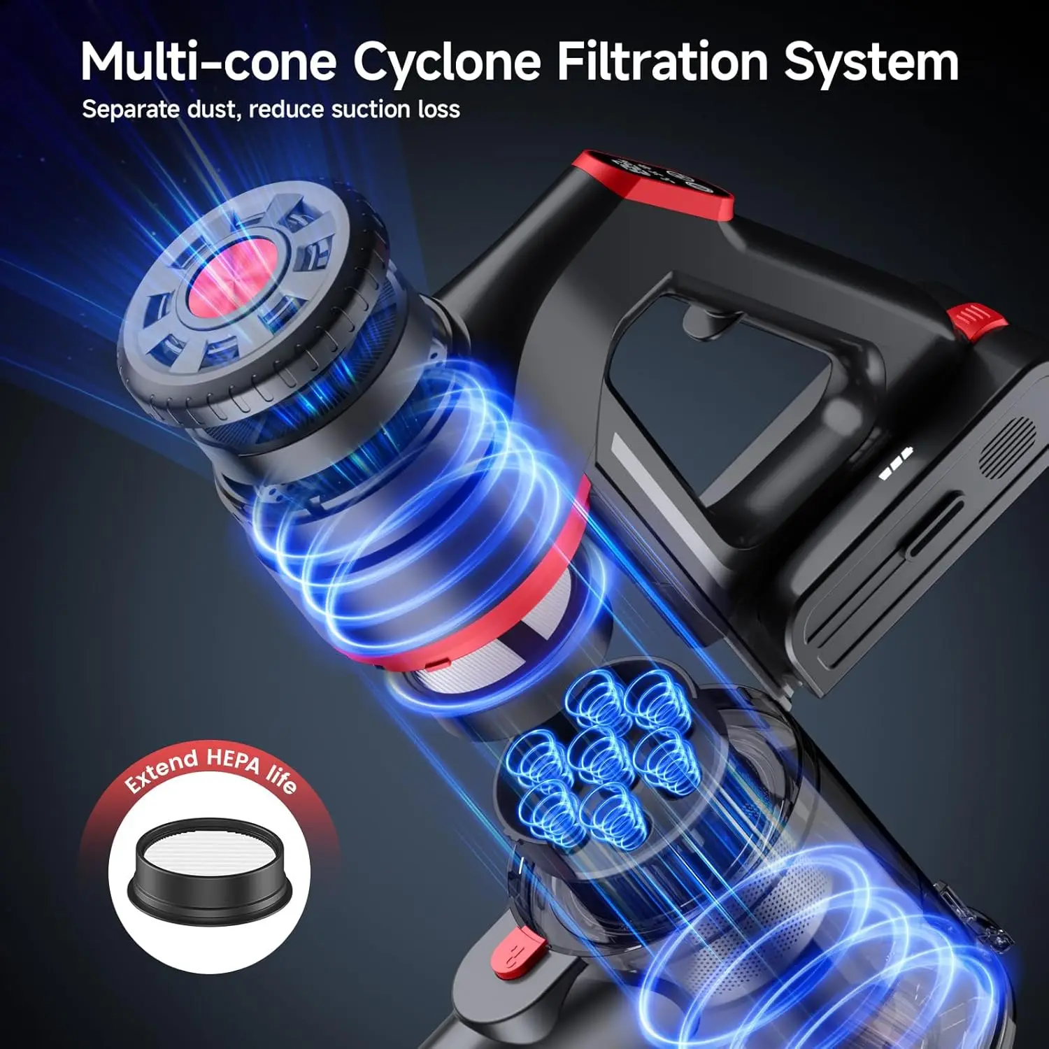 مكنسة كهربائية لاسلكية، مكنسة كهربائية بمحرك مزدوج 580 وات 60 كيلو باسكال للمنزل مع وقت تشغيل 60 دقيقة، 6 مصابيح أمامية خضراء LED، قائمة بذاتها