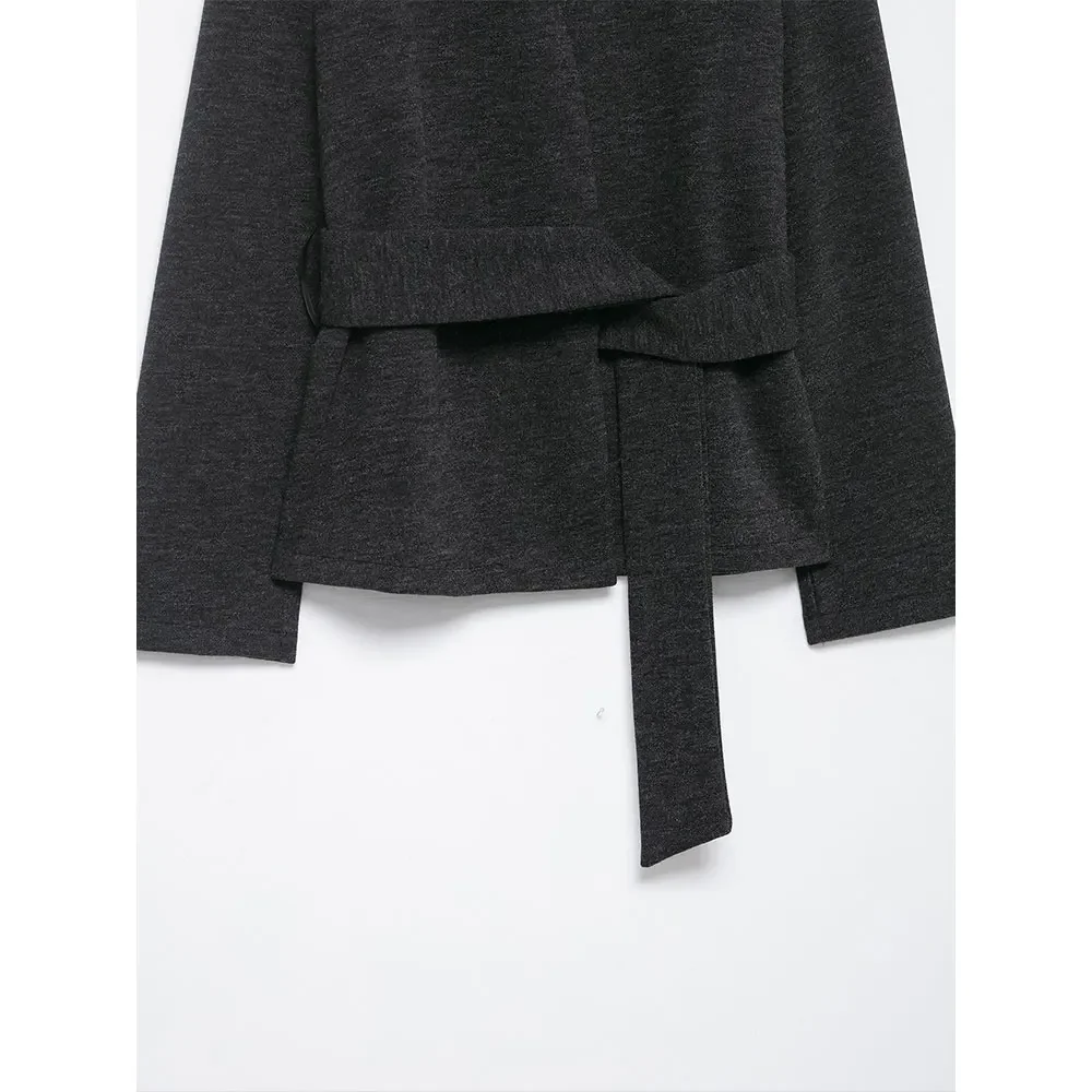 เสื้อแจ็คเก็ตสีดำสไตล์วินเทจสำหรับผู้หญิง พร้อมเข็มขัด คอวี แขนยาว ดีไซน์หรูหรา ทันสมัย