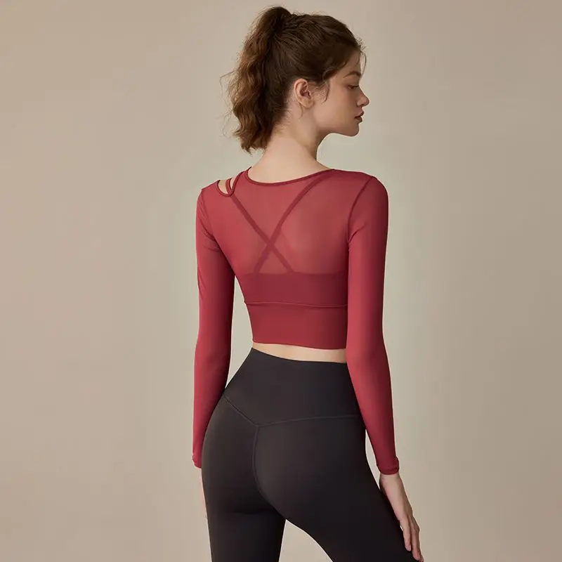 Women's Fitness Yoga Top Long Sleeve Mesh Short Crop Top Fake Two-Piece T-Shirt Polyester Fiber 100% Pilates Sportswear