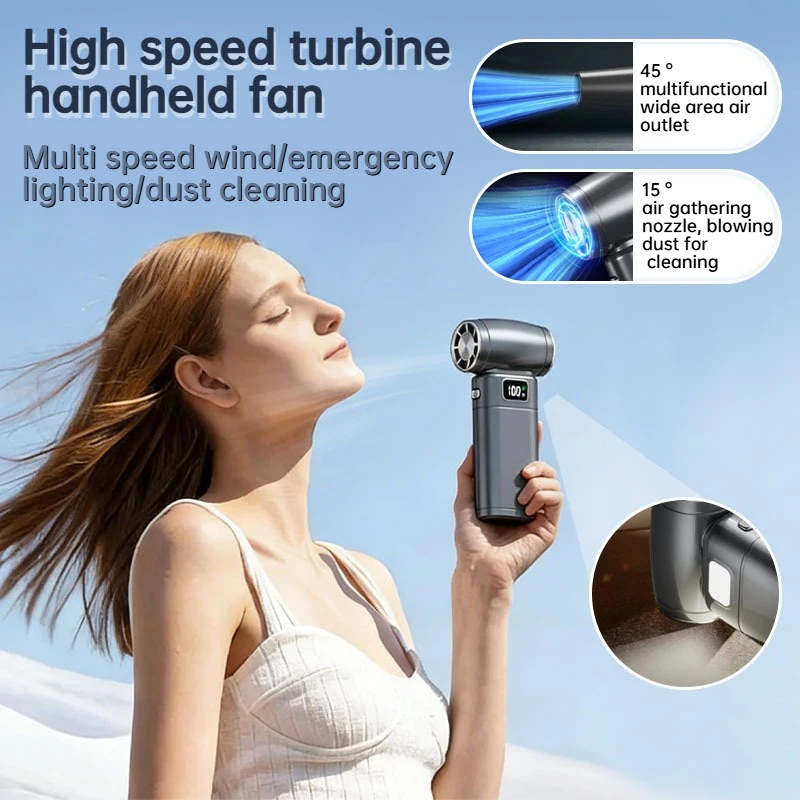 

Equipped with emergency lighting high-speed turbine fan,desktop dust blowing and cooling small fan,outdoor portable handheld fan
