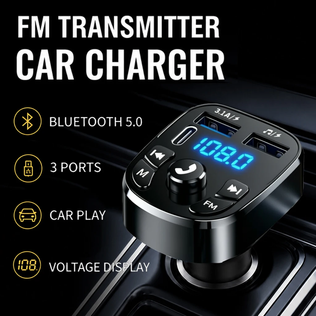 FM Transmitter Bluetooth 5.0 Handsfree Car AUX Radio Modulator MP3 Player with USB-C Fast Charge Adapter Car Kit Radio Receiver
