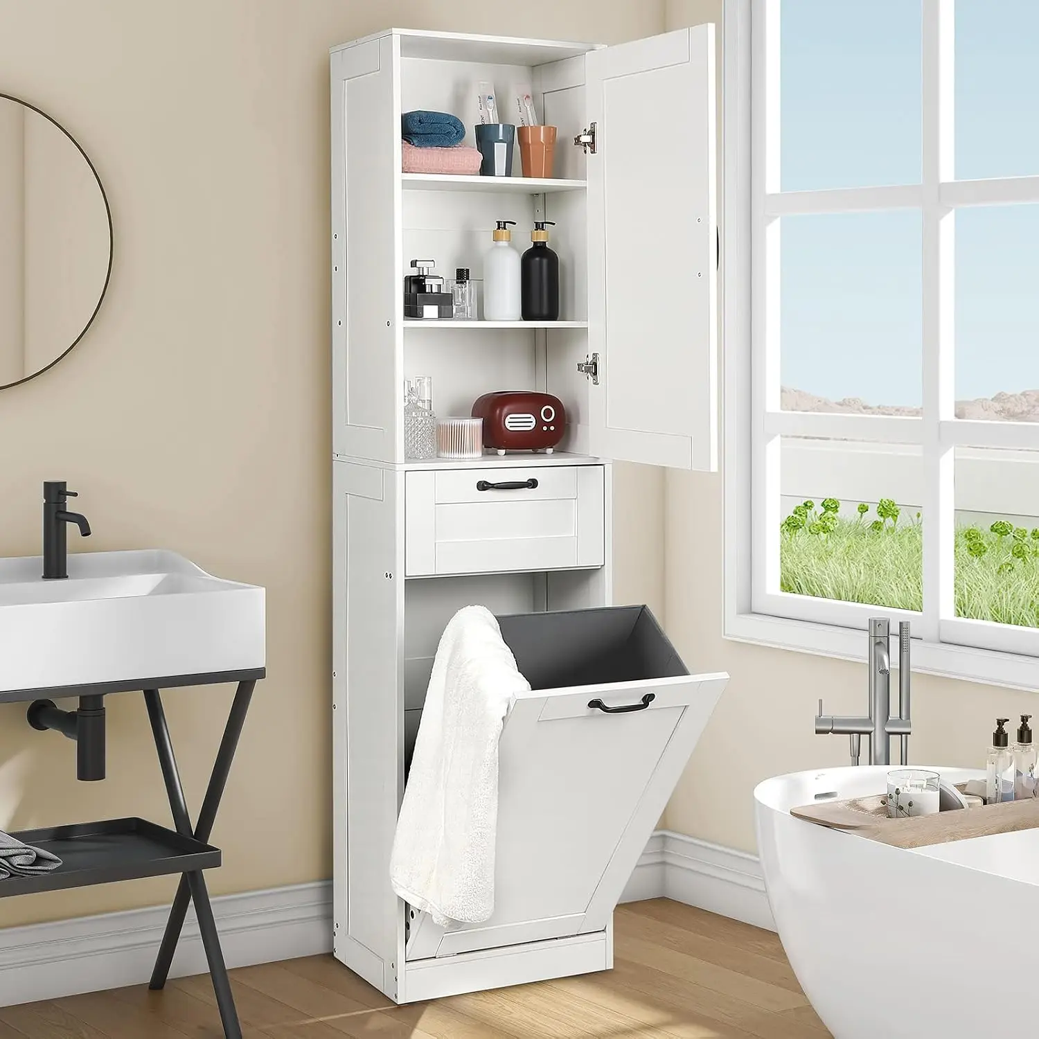 Tilt Out Laundry Hamper Cabinet, 71 Inch Bathroom Storage Cabinet with Laundry Storage Basket & Adjustable Shelve,, Customized
