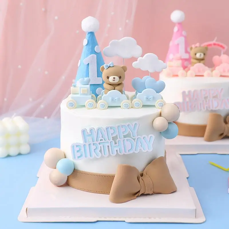 Pink Blue Bear Cake Topper Bear Doll Ornaments Cake Insert Birthday Cake Decoration Adult Birthday Gifts Wedding Cake Decorating