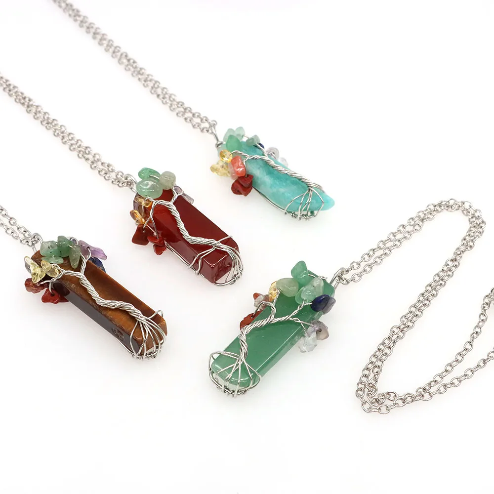 7 Chakra Tree Of Life Irregular Slice Stone Pendant Natural Healing Crystal Reiki Amethyst Pink Quartz Necklace Jewelry Gift