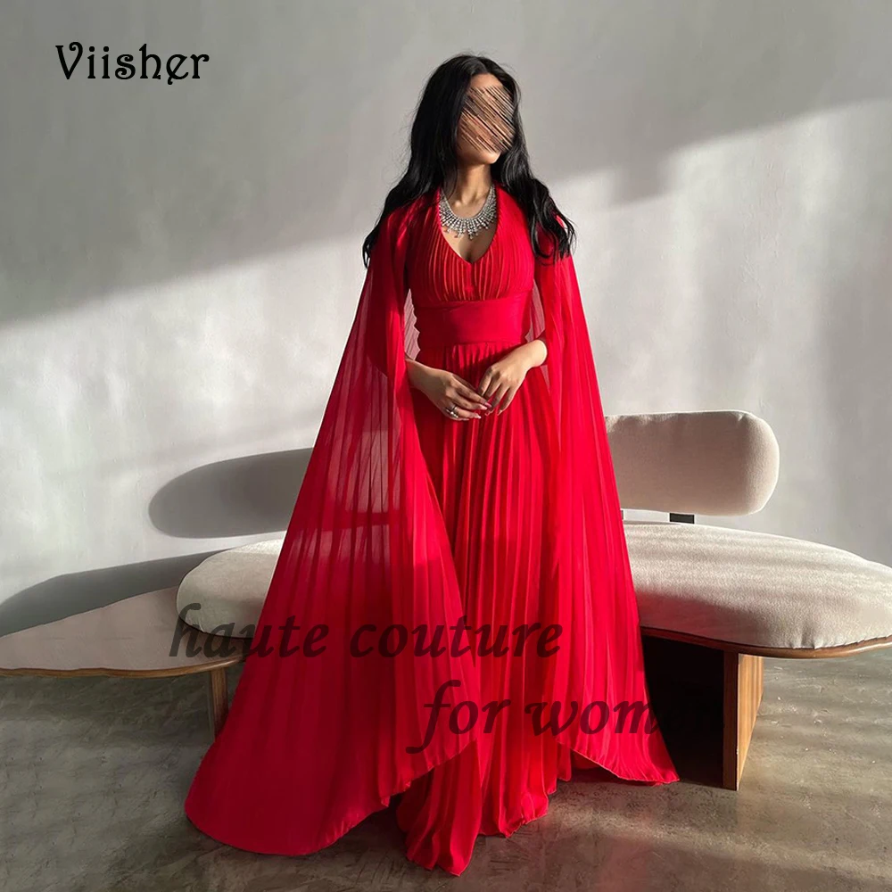 

Red Chiffon Evening Dresses with Cape V Neck A Line Long Formal Prom Dress Floor Length Arabian Dubai Occasion Party Gowns