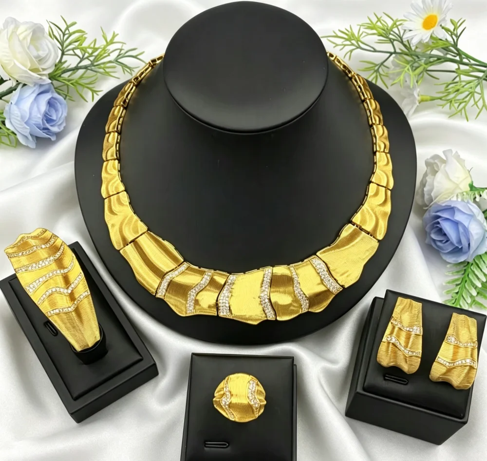 Falair Women's Jewelry Set Gold Plated Copper Light Luxury Fashion Zirconia with Ring Necklace Earrings Bracelet for Party