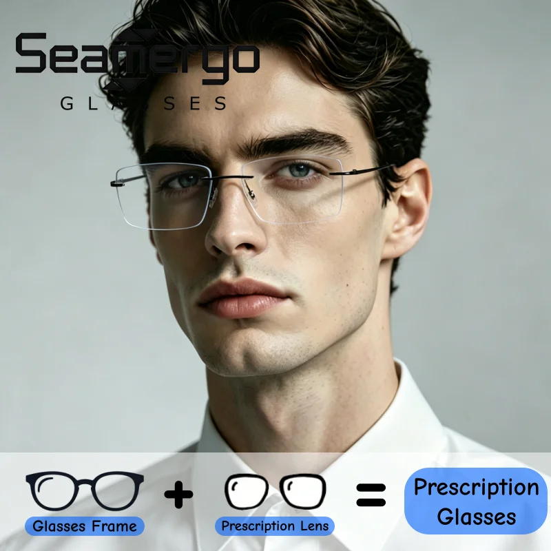 

SEAMERGO Thin Lightweight Frameless Prescription Glasses Unisex Custom Myopia Presbyopia Anti Blue Light Business Office Eyewear