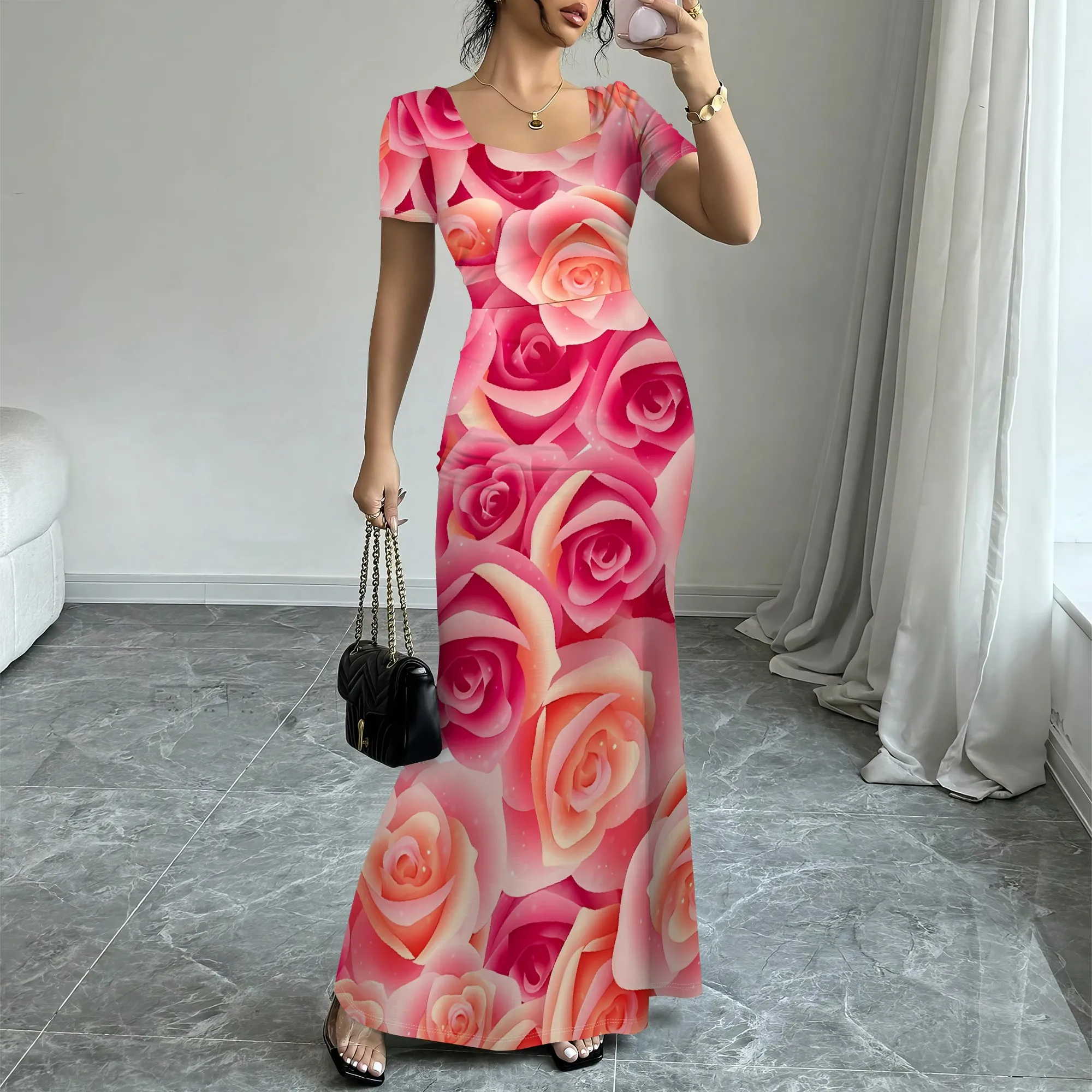 

Nupusa Rose Print Mermaid Dress Women Summer Short Sleeve Casual Maxi Dress