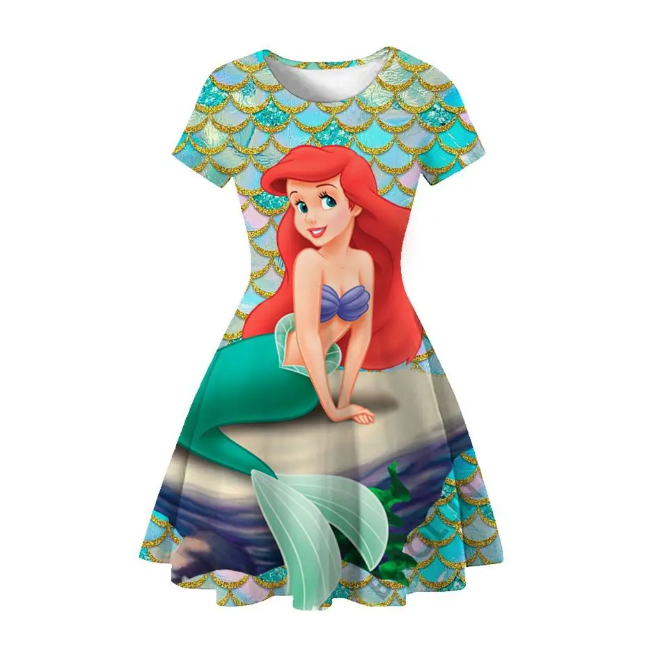 Kleine Zeemeermin Prinsessenjurk Voor Meisjes Zomer Korte Mouw 3d Print Ariel Cosplay Kostuum Kids Carnaval Verjaardagsfeest Kleding