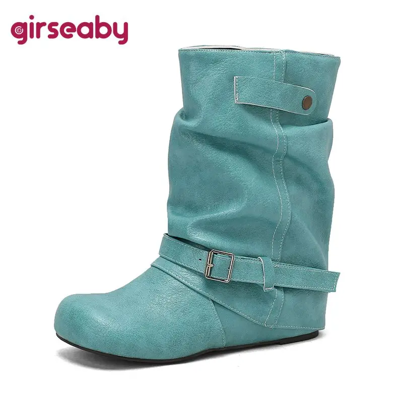 

Girseaby2025 Женские ботинки до середины икры с круглым носком, пряжка на каблуке 5 см и слипоны, большой размер 46 47 48 49 50 Желтый кофейный красный