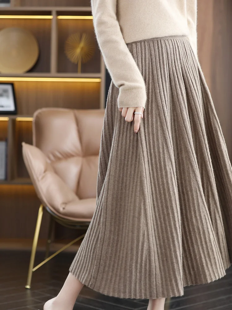 New 100% Merino Wool Skirt Office Lady Grace Style pleated Skirt Autumn Winter Thick Soft Women Pure Wool Long Skirt