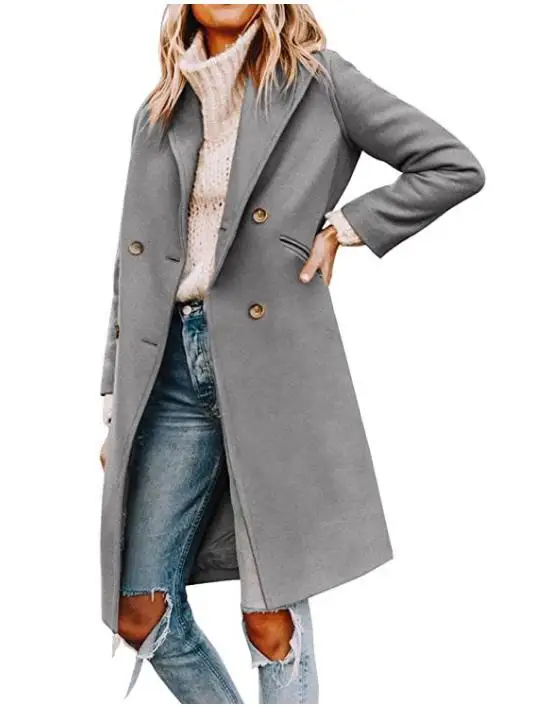 Women Long Sleeve Notched Lapel Collar Double Breasted Slim Trench Coat Winter Wool Blend Overcoat Black Khaki X-Long Jacket