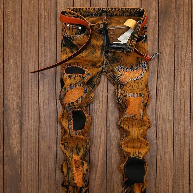 레트로 트렌디 남성 청바지 크로스보더 스트레이트 레그 찢어진 올드타임 스타일 캐주얼 롱 팬츠 노 스트레치 미드 웨이스트 기타 브랜드