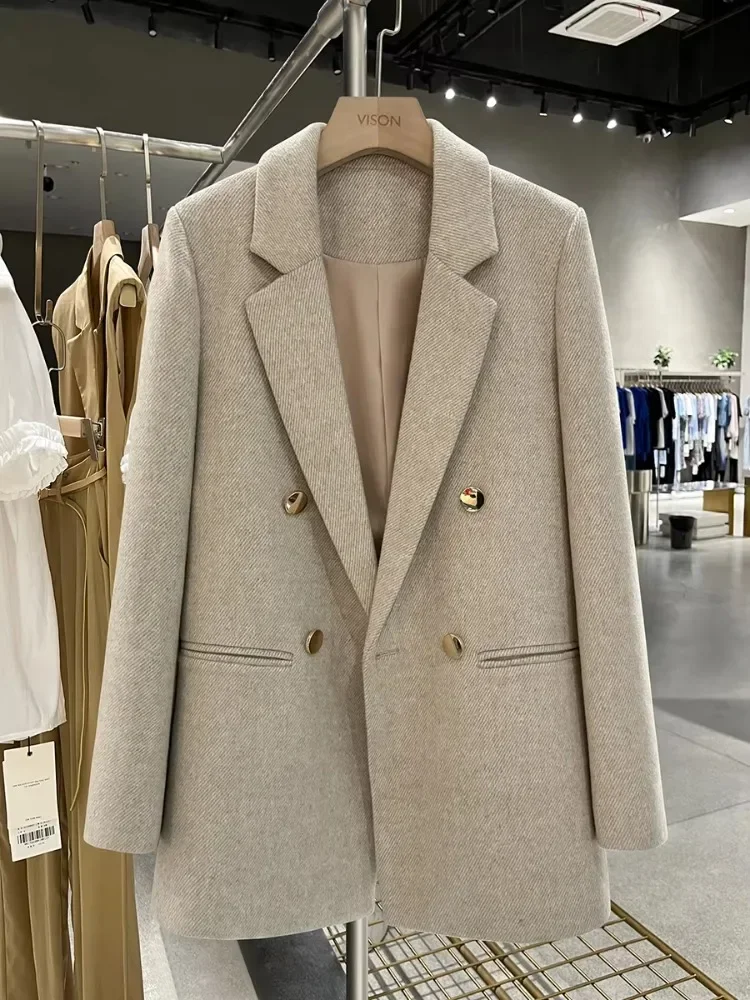 Beige Metal Button Wool Blazer Coat for Women Female Office Lady 2025 New Winter High-end British Style Versatile Suit Trendy