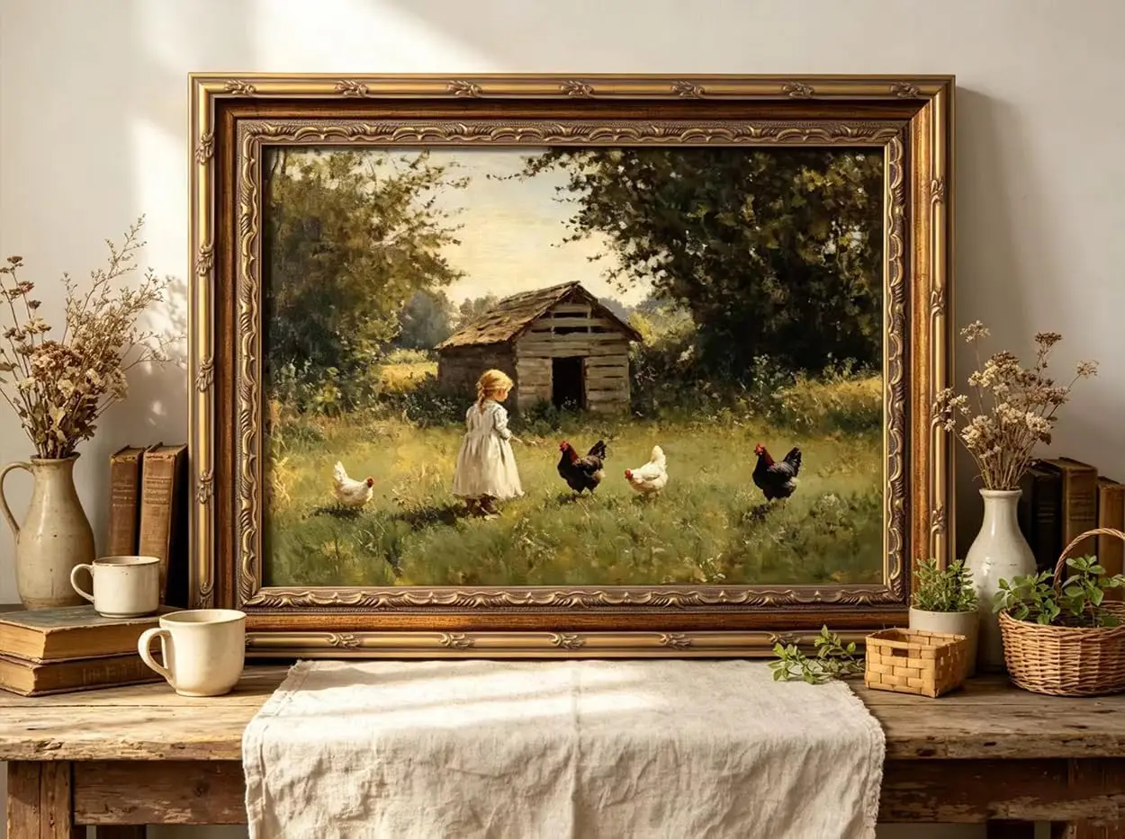 Framed Vintage Farmhouse Wall Art Little Girl Feeding Chickens Country Oil Painting Wooden Frame Home Room Decor
