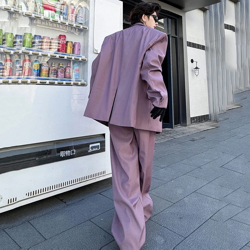 PFNW Double-breasted Back Slit Design Purple Suit Set New Men's Casual Loose Fit Blazer + Wide Leg Pants Two-piece Suit 9C4237