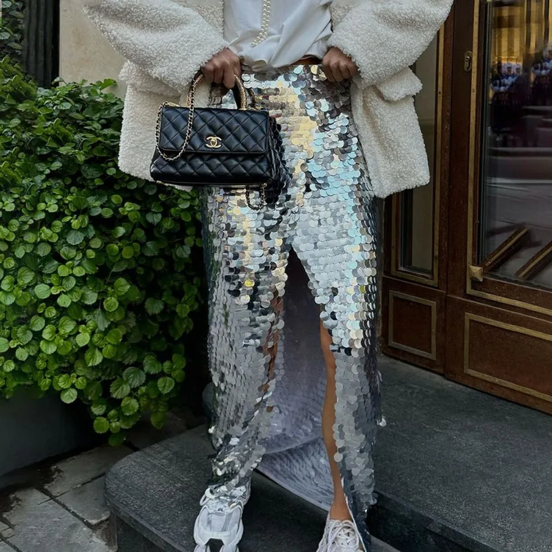 

Talenza женская облегающая длинная юбка с серебряным декором и блестками, блестящая юбка с высокой талией Y2K, сексуальная клубная уличная одежда, блестящая юбка для вечеринки