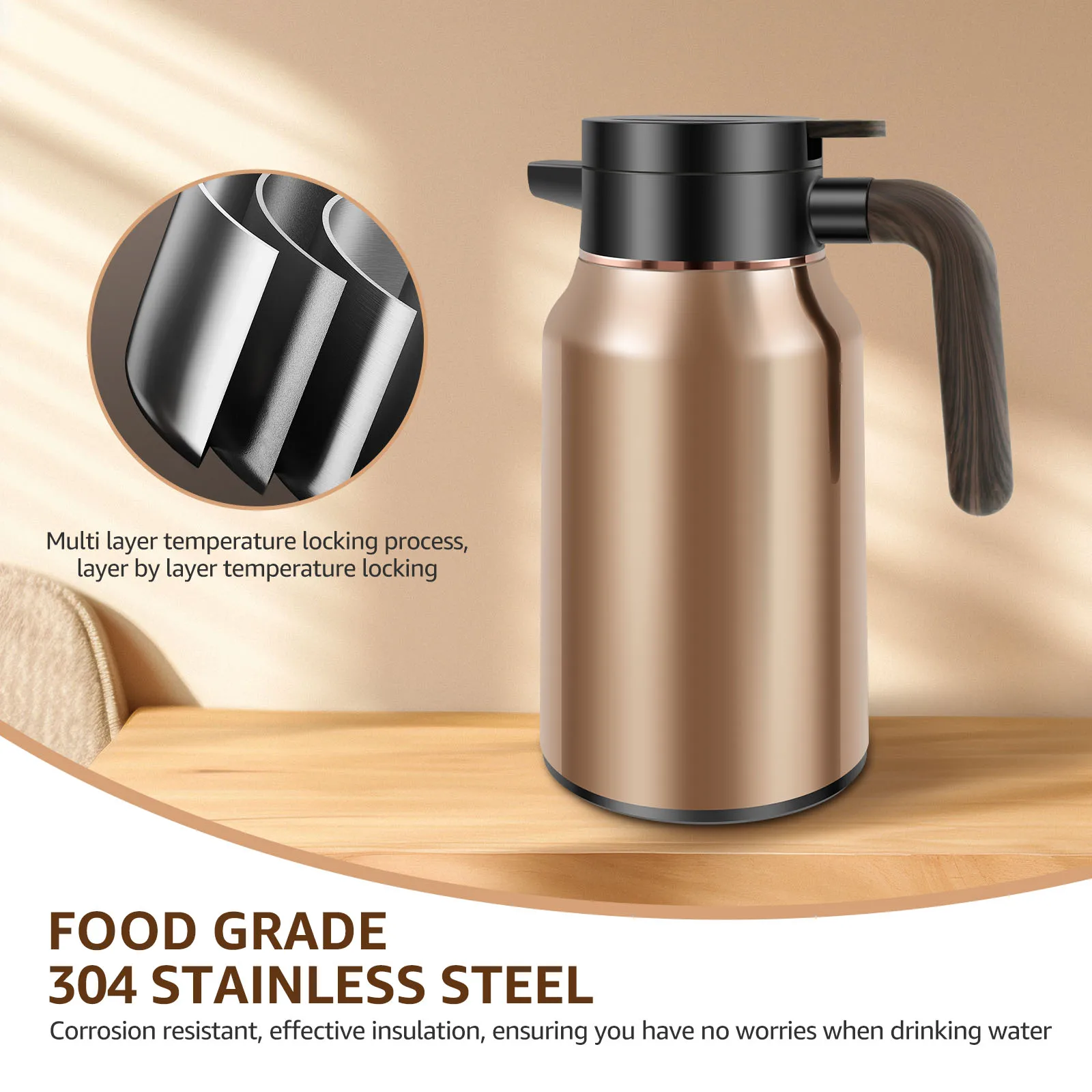 Insulated Coffee Carafe with Wood Handle 36 Hours Coffee Dispenser 1.5L 304 Stainless Steel Coffee Carafe Leakproof Hot Beverage