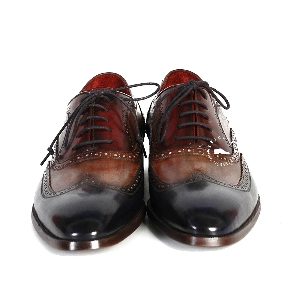 Zapatos Oxford pintados a mano de estilo Retro para hombres, Brogues de punta de alas de tres tonos, zapatos de cuero genuino con cordones, zapatos de negocios casuales elegantes