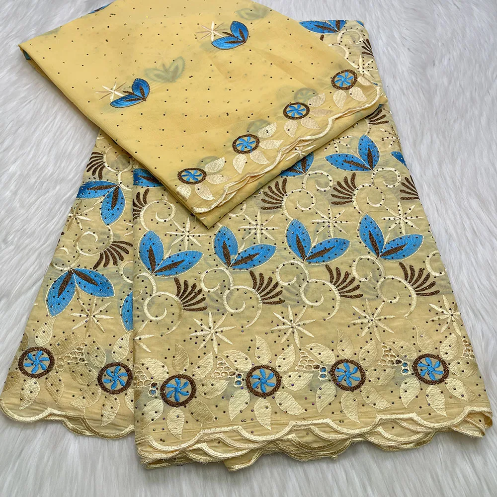 Nice Quality 5 Yards Cotton Embroidered Fabric Set With 2 Yards Scarf Rhinestones  Decorate For Women Dress 03C40