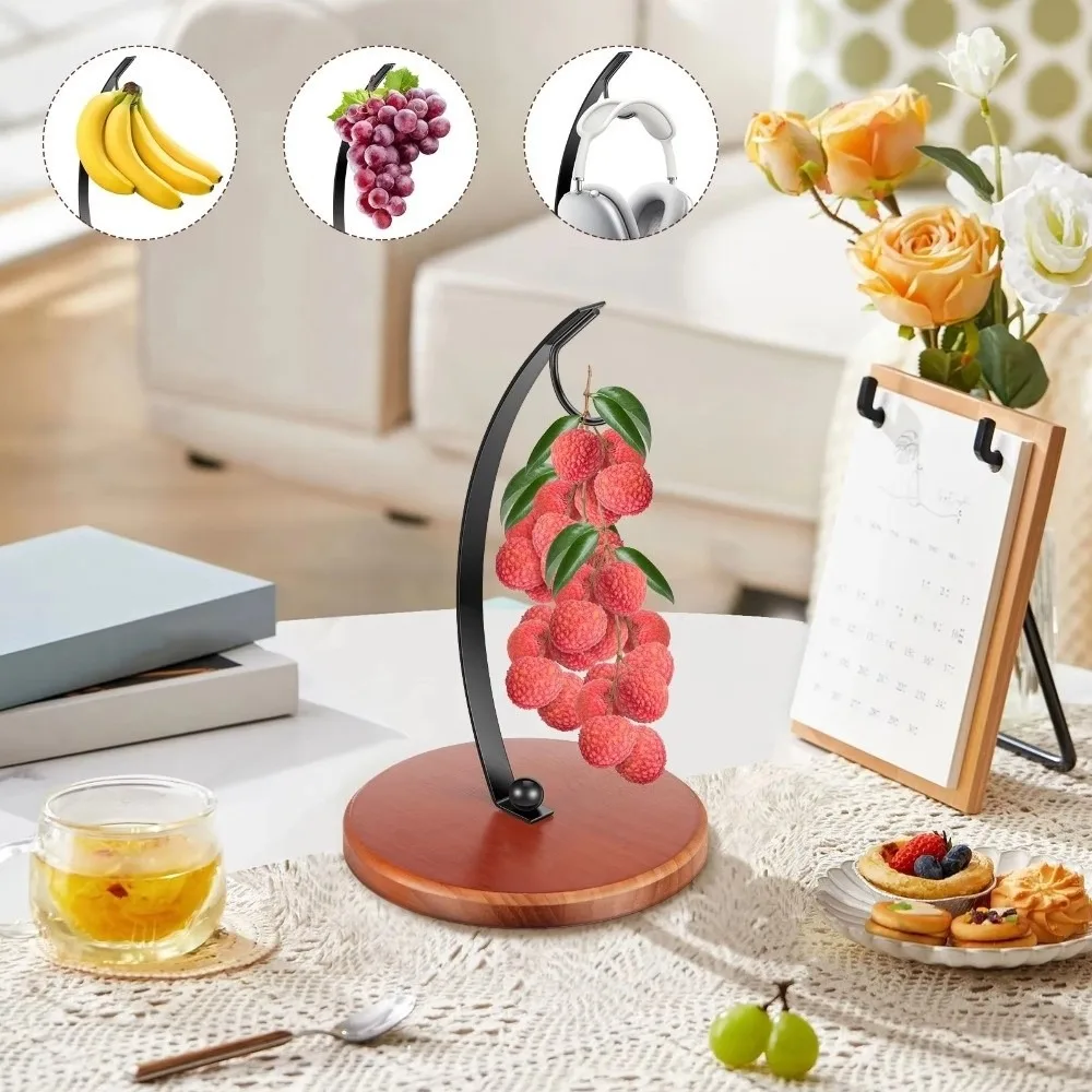 Draining Metal Banana Holder With Wood Base Stable Stand Fruit Storage Holder Hanging with Hook Fruit Hanger Fruit Storage